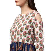 Blue printed 3/4th sleeve Cold shoulder cotton Anarkali kurta