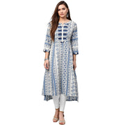 Blue printed 3/4th sleeve Cotton A-line kurta