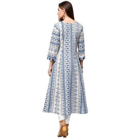 Blue printed 3/4th sleeve Cotton A-line kurta