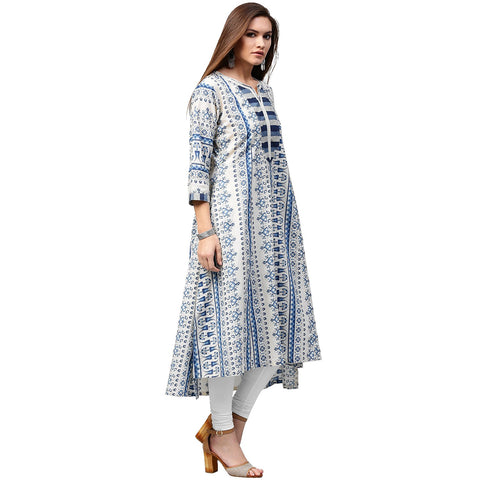 Blue printed 3/4th sleeve Cotton A-line kurta