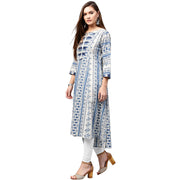 Blue printed 3/4th sleeve Cotton A-line kurta