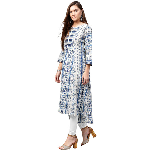 Blue printed 3/4th sleeve Cotton A-line kurta