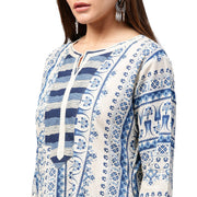 Blue printed 3/4th sleeve Cotton A-line kurta