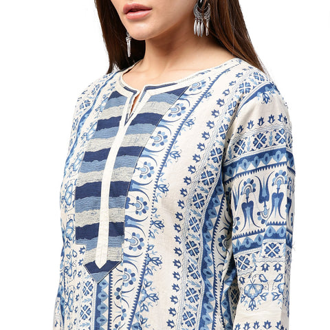 Blue printed 3/4th sleeve Cotton A-line kurta