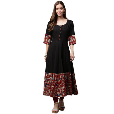 Black printed 3/4th Sleeve Cotton Anarkali kurta