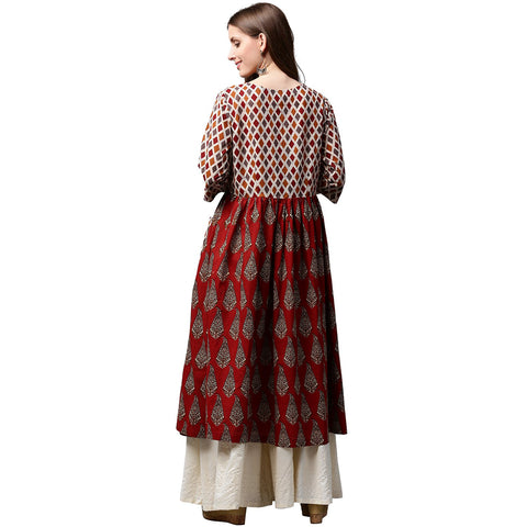 Red printed 3/4th sleeve cotton Anarkali kurta