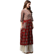 Red printed 3/4th sleeve cotton Anarkali kurta