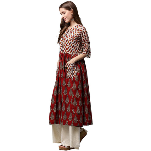 Red printed 3/4th sleeve cotton Anarkali kurta