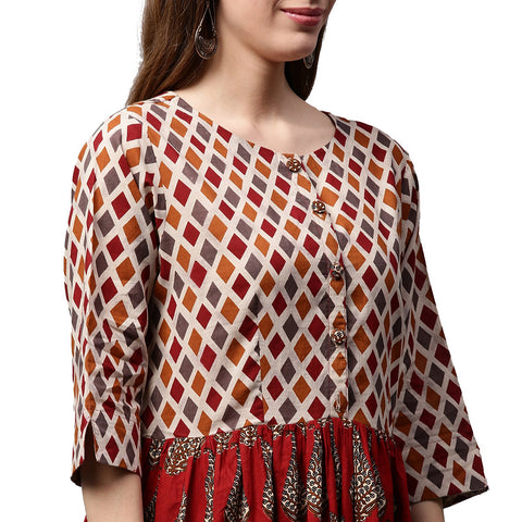 Red printed 3/4th sleeve cotton Anarkali kurta