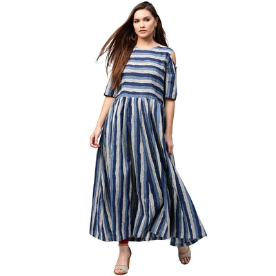 Blue printed short sleeve cold shoulder A-line kurta