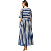 Blue printed short sleeve cold shoulder A-line kurta