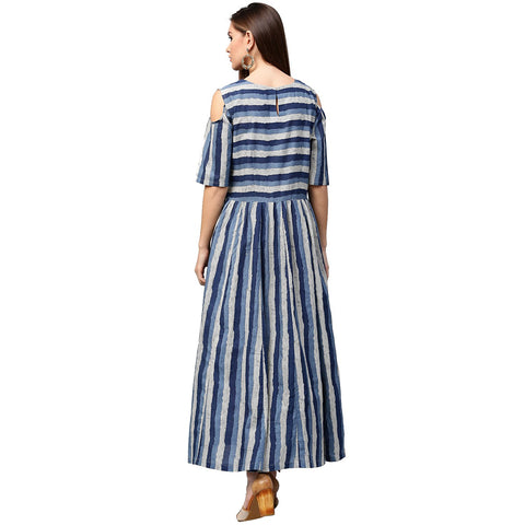 Blue printed short sleeve cold shoulder A-line kurta