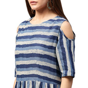 Blue printed short sleeve cold shoulder A-line kurta