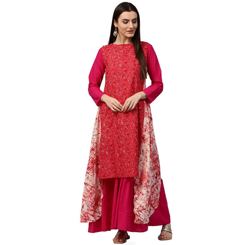 Red printed sleeveless cotton Assymetric kurta