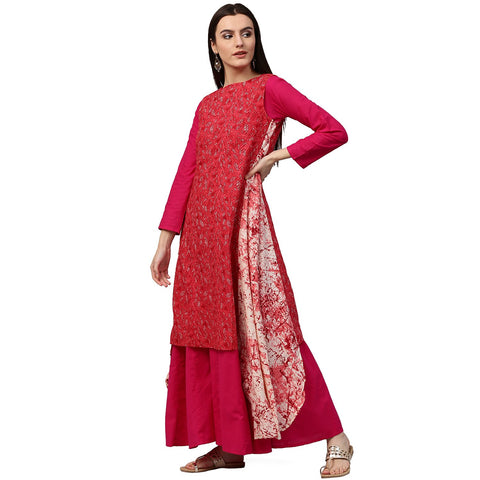 Red printed sleeveless cotton Assymetric kurta