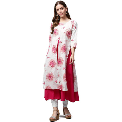 White printed 3/4th sleeve cotton double layer kurta