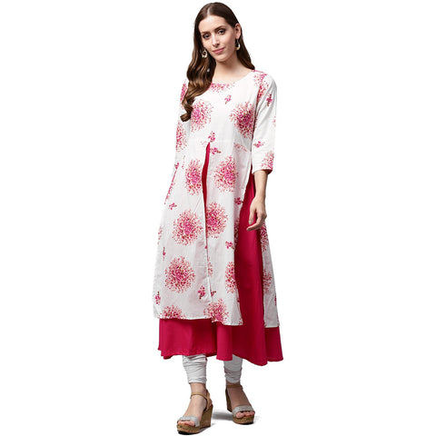 White printed 3/4th sleeve cotton double layer kurta