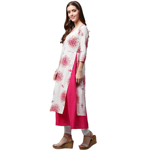 White printed 3/4th sleeve cotton double layer kurta