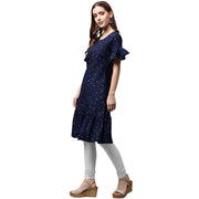 Blue printed half sleeve cotton A-line kurta