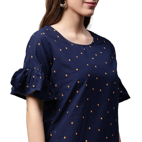 Blue printed half sleeve cotton A-line kurta