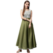 Green sleeveless cotton anarkali kurta with net work at yoke
