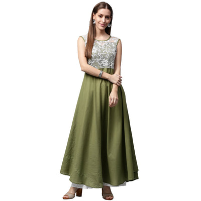 Green sleeveless cotton anarkali kurta with net work at yoke