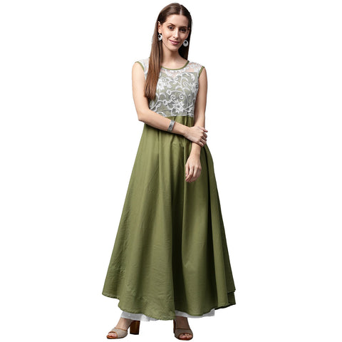 Green sleeveless cotton anarkali kurta with net work at yoke