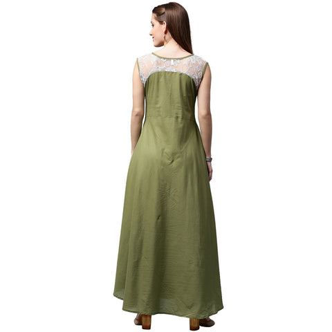 Green sleeveless cotton anarkali kurta with net work at yoke