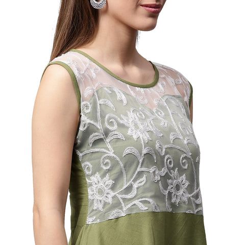 Green sleeveless cotton anarkali kurta with net work at yoke