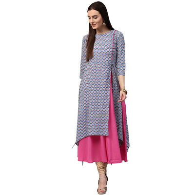 Blue printed 3/4th sleeve cotton double layer kurta