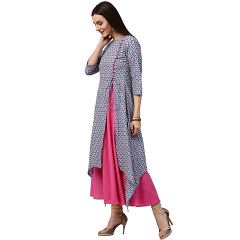 Blue printed 3/4th sleeve cotton double layer kurta