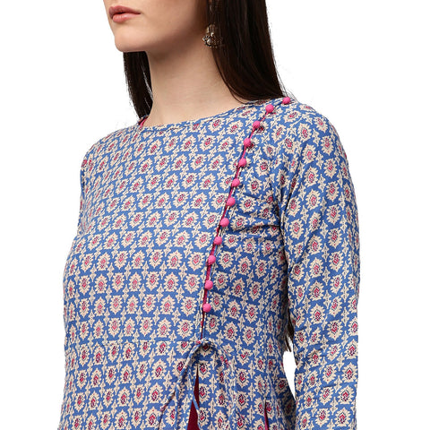 Blue printed 3/4th sleeve cotton double layer kurta