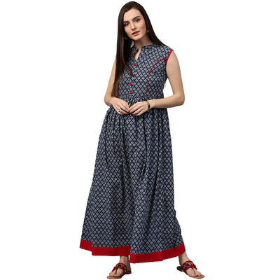 Blue printed sleeveless cotton anarkali kurta