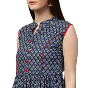 Blue printed sleeveless cotton anarkali kurta