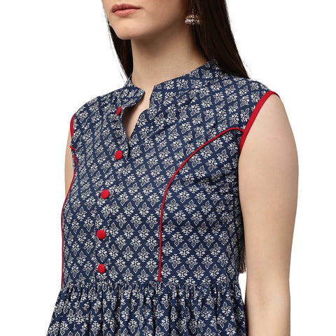Blue printed sleeveless cotton anarkali kurta