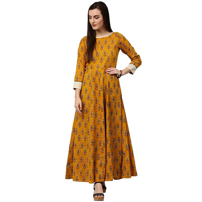 Yellow printed 3/4th sleeve cotton A-line kurta