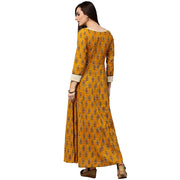 Yellow printed 3/4th sleeve cotton A-line kurta