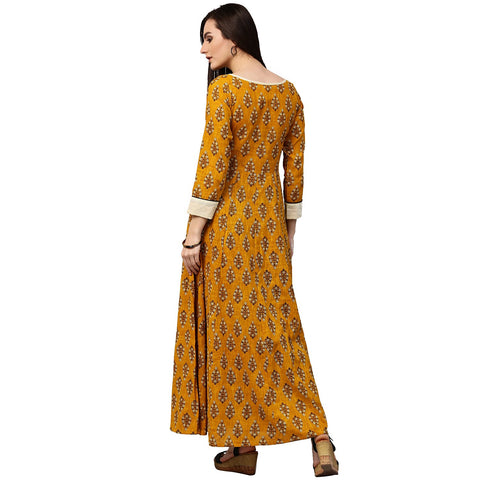 Yellow printed 3/4th sleeve cotton A-line kurta