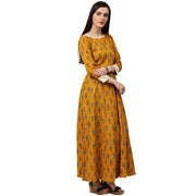 Yellow printed 3/4th sleeve cotton A-line kurta