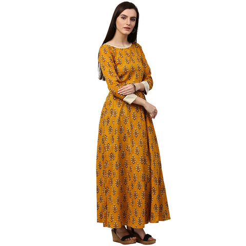 Yellow printed 3/4th sleeve cotton A-line kurta