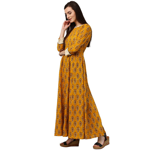 Yellow printed 3/4th sleeve cotton A-line kurta