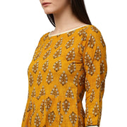 Yellow printed 3/4th sleeve cotton A-line kurta
