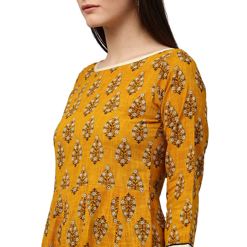 Yellow printed 3/4th sleeve cotton A-line kurta