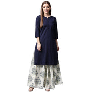 Blue 3/4th sleeve cotton kurta with white printed skirt