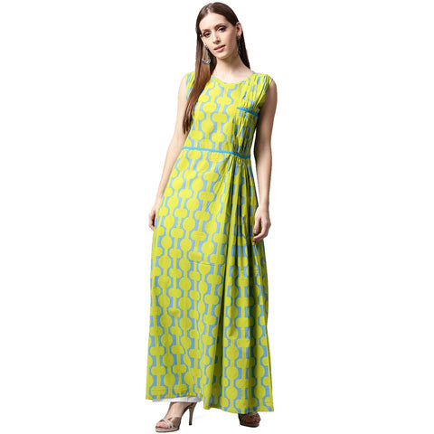 Green printed sleeveless cotton A-line kurta
