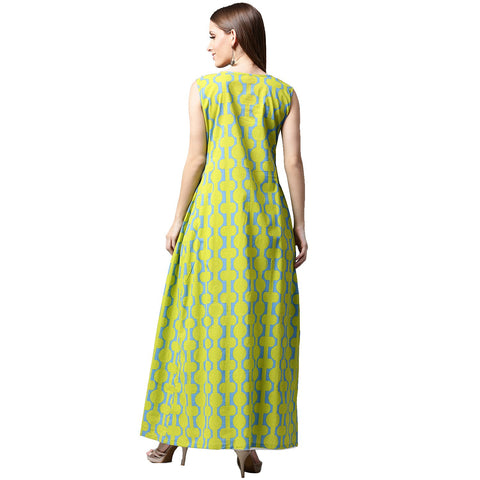 Green printed sleeveless cotton A-line kurta