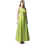 Green printed sleeveless cotton A-line kurta