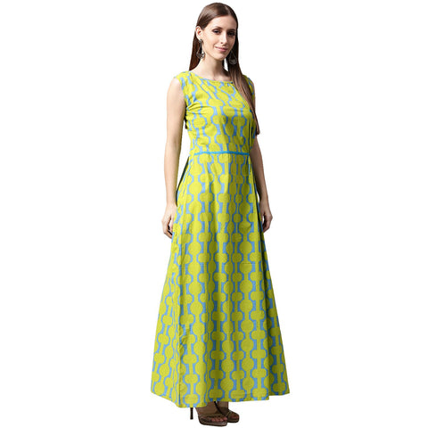 Green printed sleeveless cotton A-line kurta