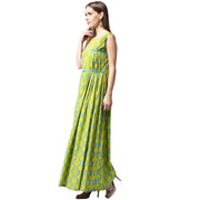 Green printed sleeveless cotton A-line kurta
