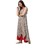 Grey printed sleeveless cotton Assymetric double layer kurta